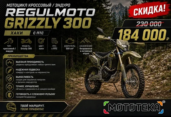 🏁 СКИДКА 46 000 ₽! Regulmoto Grizzly 300 с ПТС теперь доступен как никогда!